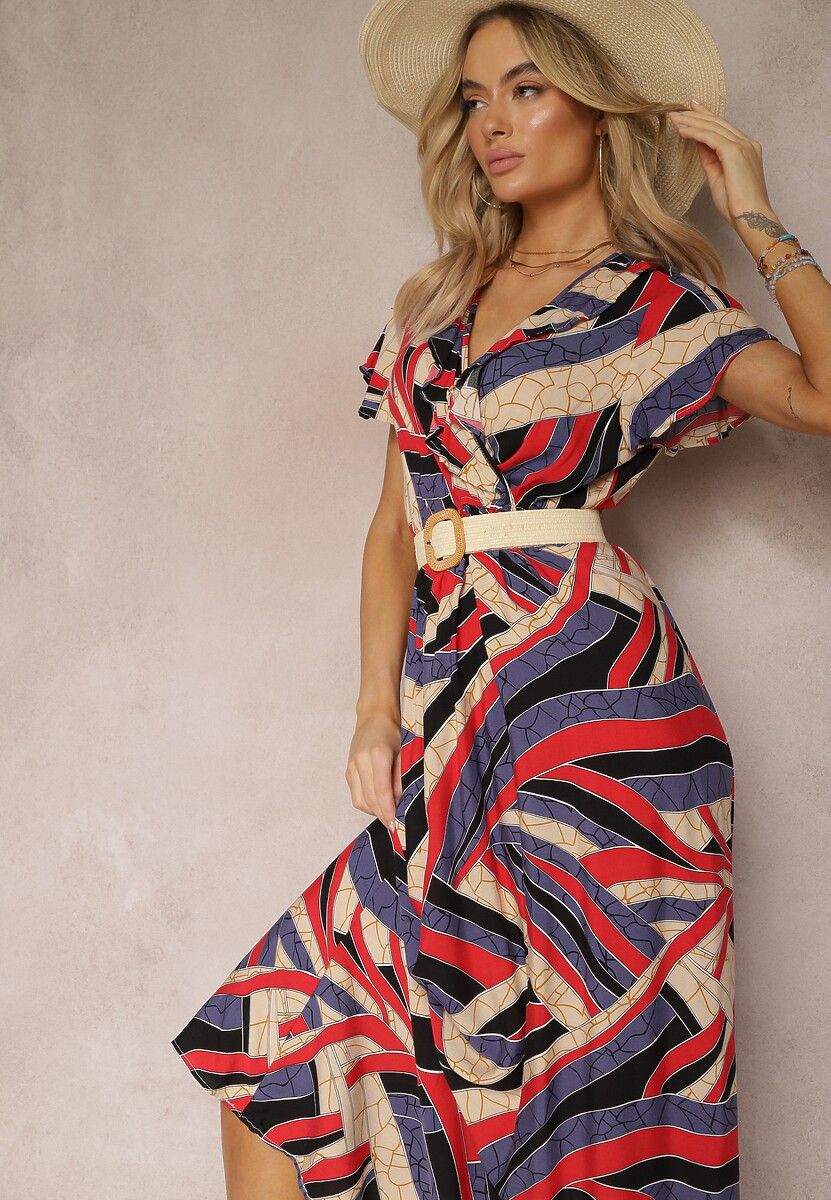 Pomarańczowa Rozkloszowana Sukienka z Wiskozy z Gumką w Talii i Abstrakcyjnym Wzorem  Pairella