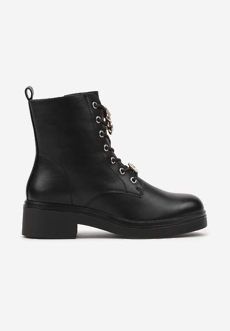 Czarne Płaskie Botki w Stylu Workerów Ozdobione Aplikacjami Kokardy i Misia Bialithia