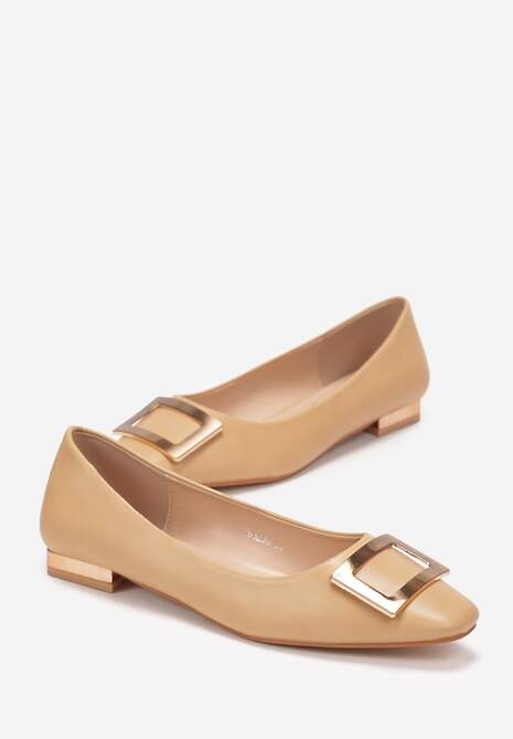 Brązowe Balerinki z Metalową Ozdobą na Płaskim Obcasie Nibraca