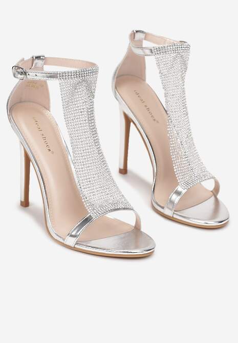 Srebrne Sandały na Szpilce z Cyrkoniami i Sprzączką Faltifi