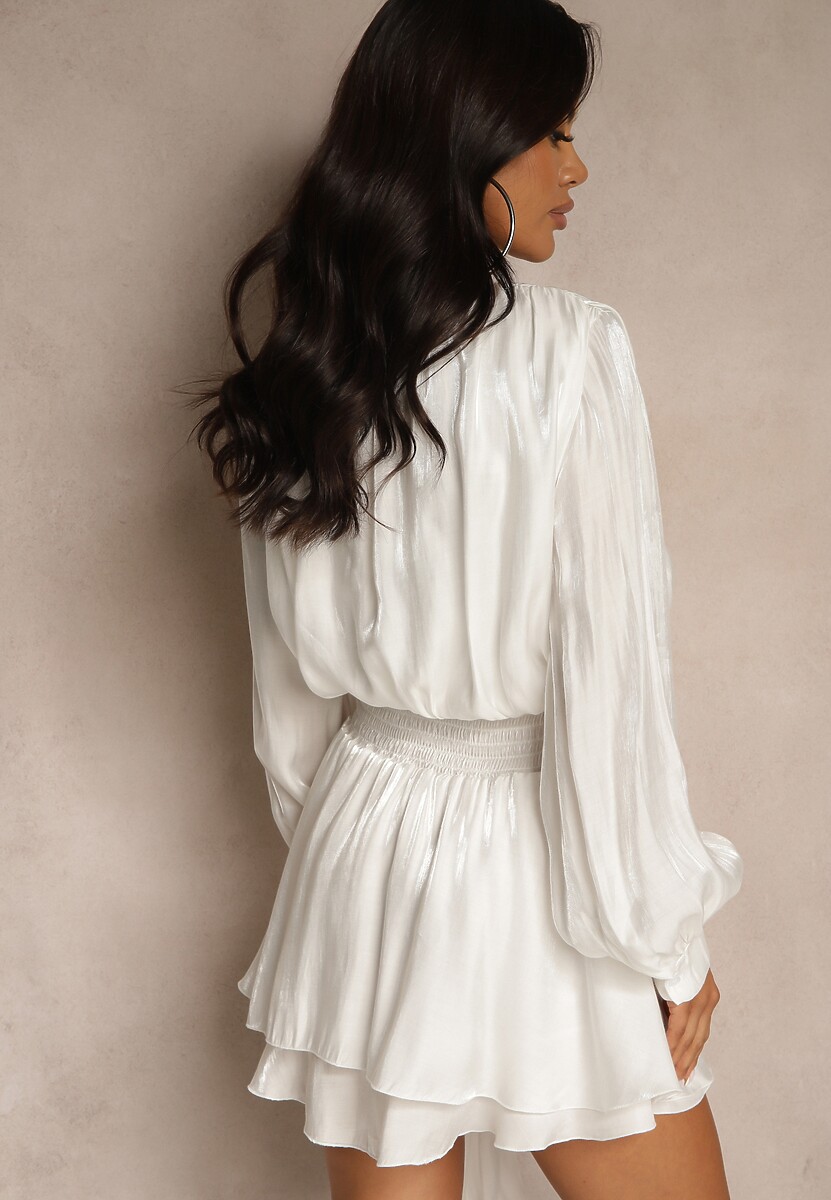 Biała Sukienka z Wiskozy z Falbanką i Wiązaniem Finlio