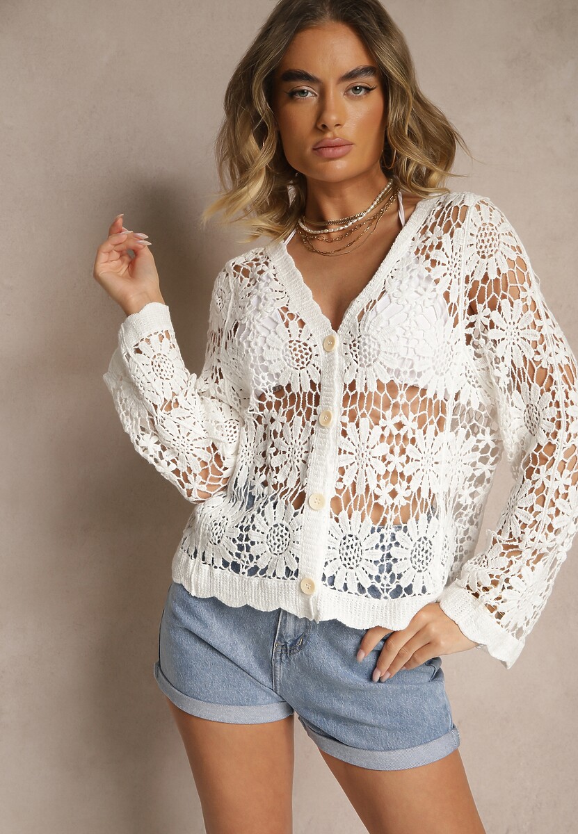 Biały Ażurowy Kardigan z Bawełny na Guziki Evipolla