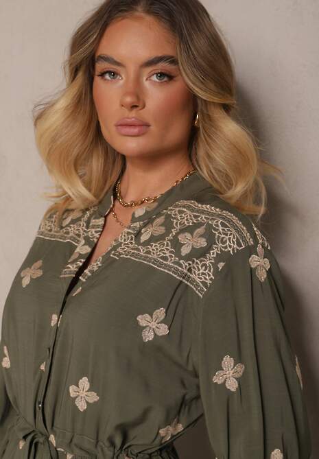 Ciemnozielona Sukienka z Bawełną Haftem i Sznurkiem w Pasie Zenlio