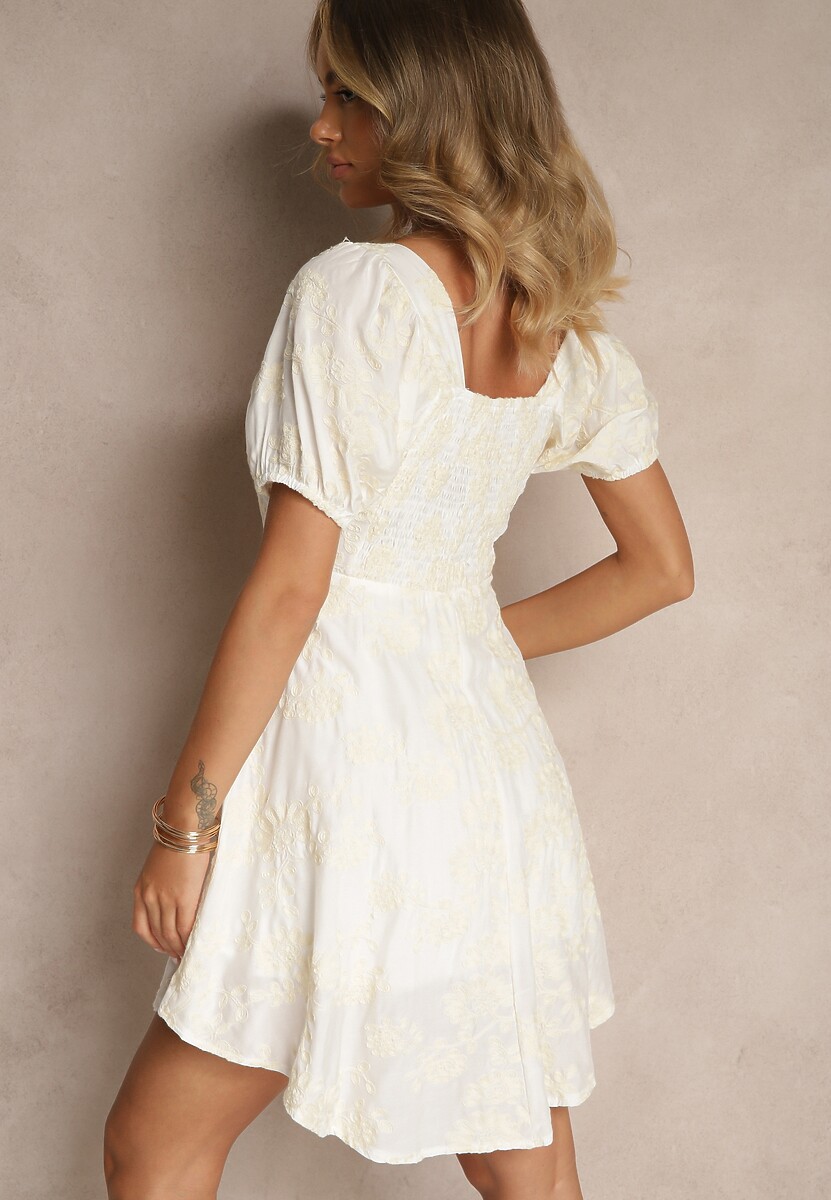 Biała Sukienka w Kwiaty z Bufiastymi Rękawami Deviriel