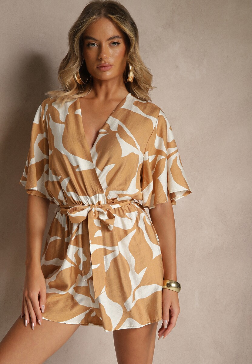 Beżowy Kombinezon z Wiskozą o Kopertowym Kroju z Wiązanym Paskiem Folavelle