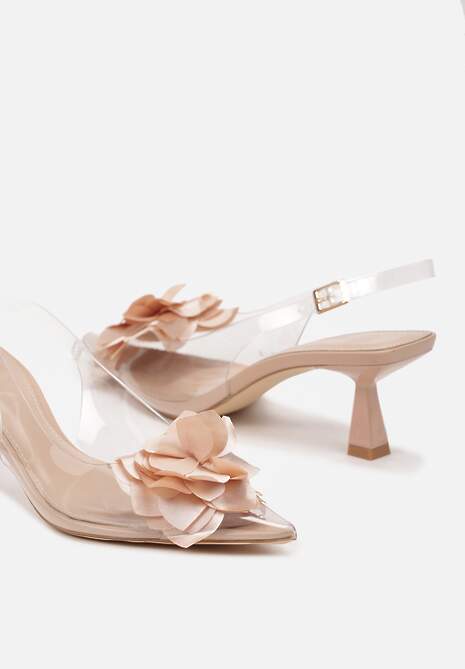 Beżowe Przezroczyste Sandały na Obcasie Typu Kaczuszka z Kwiatem Nalaniela