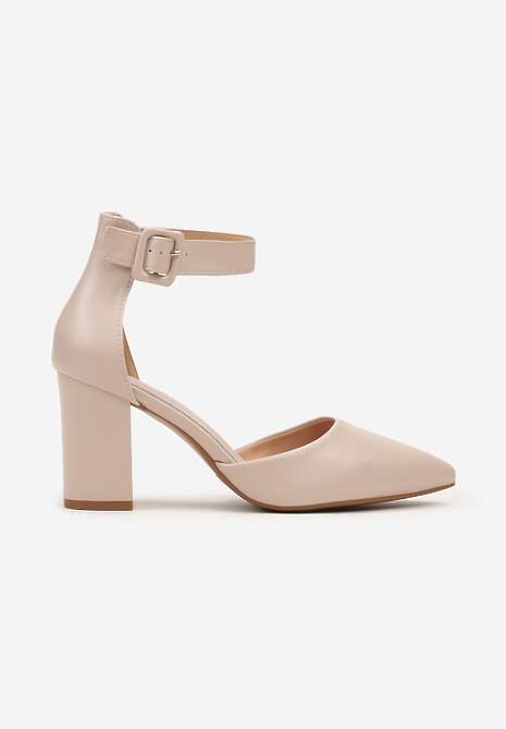 Beżowe Czółenka na Słupku ze Skórzaną Wkładką i Paskiem przy Kostce Alorelle