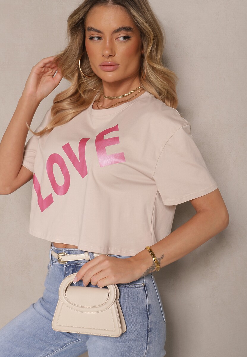 Ciemnobeżowy Krótki T-shirt Oversize z Bawełny z Ozdobnym Napisem Sanillva