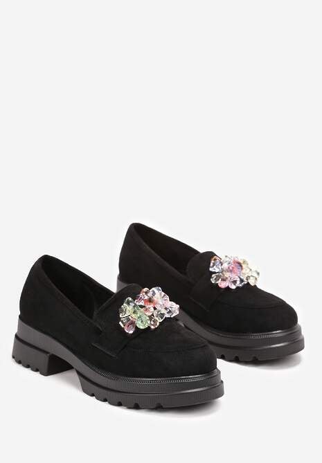 Czarne Mokasyny z Imitacji Zamszu z Kryształkami Aelara