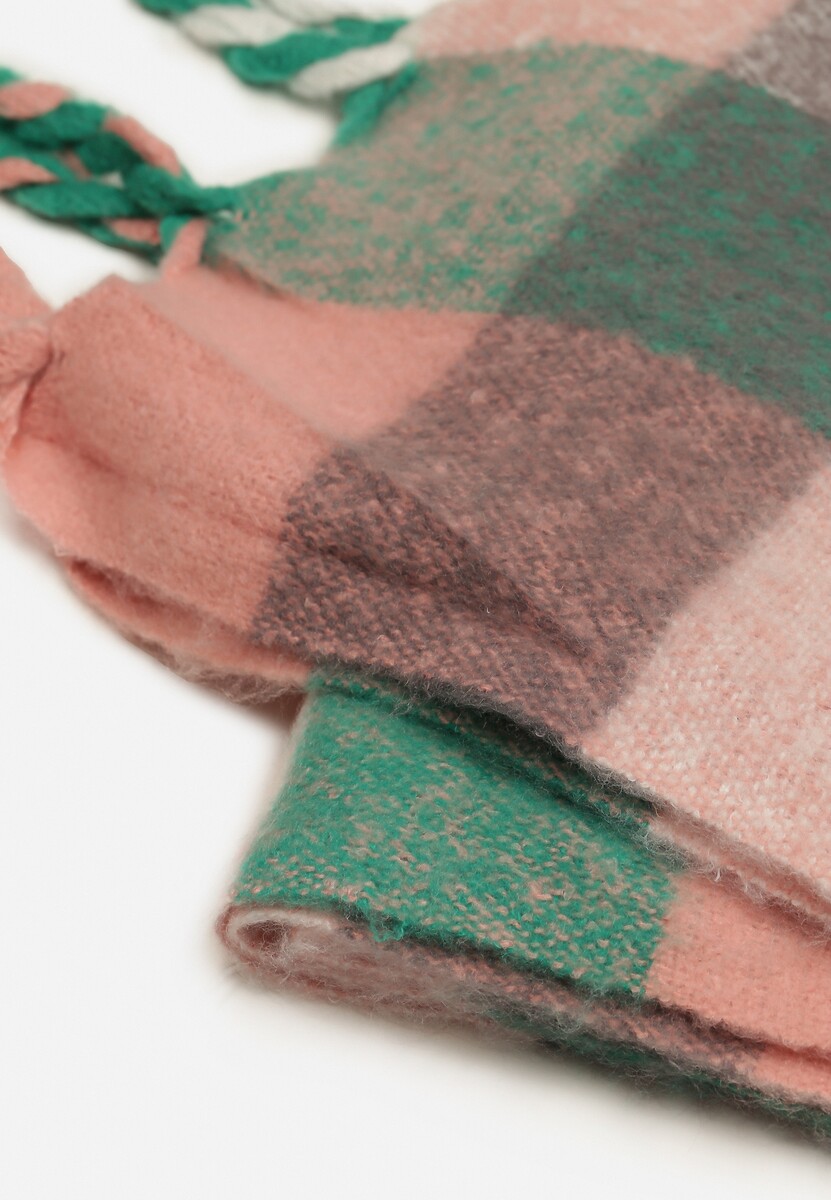 Zielono-Różowy Szalik Ozdobiony Kratką i Frędzlami Tinandra