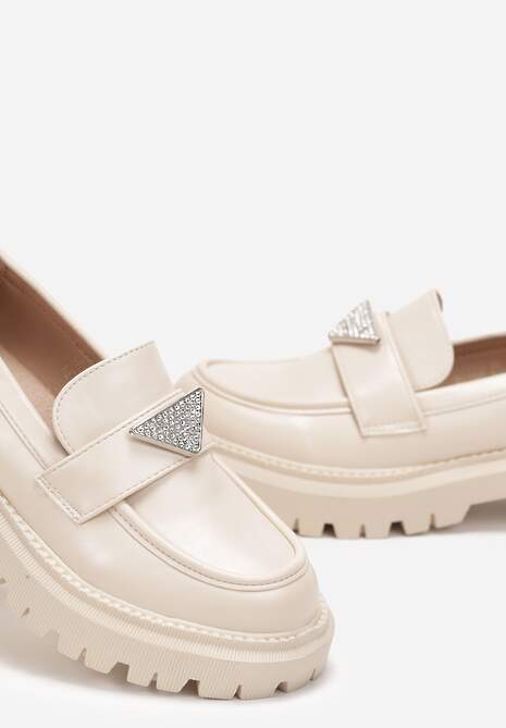 Beżowe Mokasyny na Grubej Podeszwie Ozdobione Cyrkoniami Mavalis