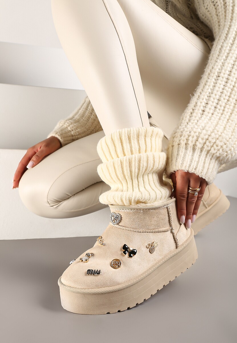 Beżowe Śniegowce na Platformie z Ozdobami 3D Semariah