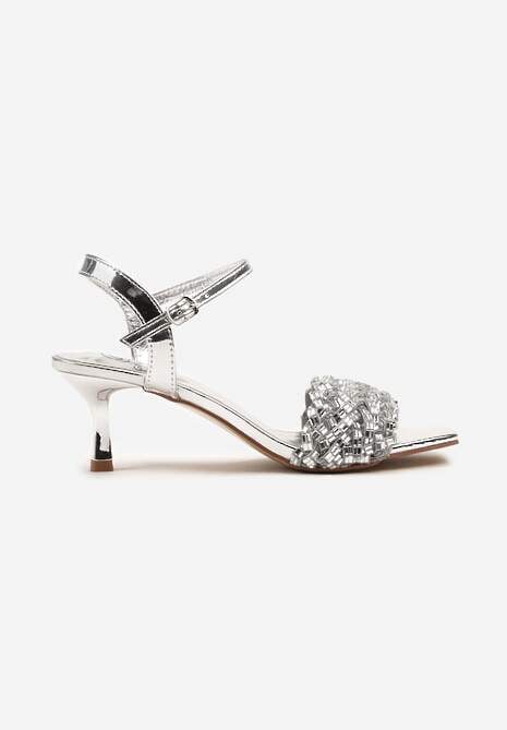 Srebrne Sandały na Obcasie z Paskiem Zdobionym Cyrkoniami Sorlana