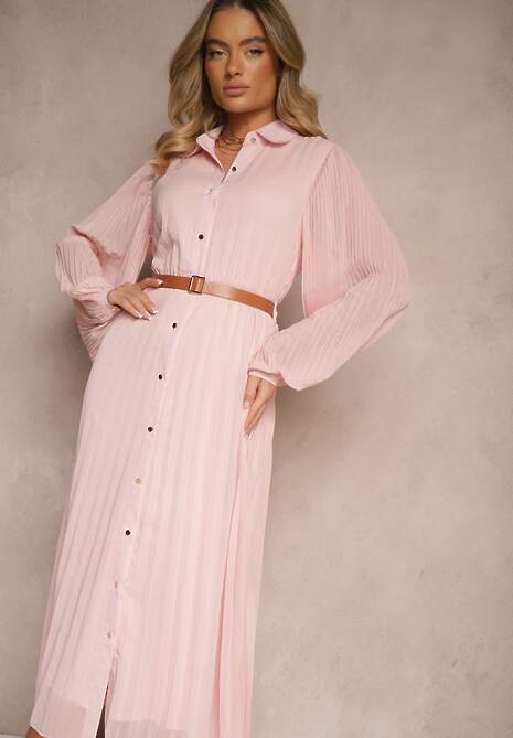 Różowa Koszulowa Sukienka z Plisami i Dodatkowym Paskiem Miarosea