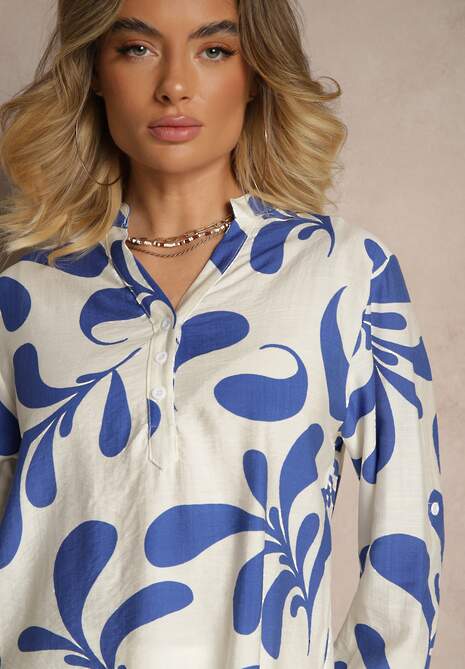 Niebieska Wiskozowa Bluzka o Koszulowym Kroju z Dekoltem w Serek w Roślinny Print Kolaniria
