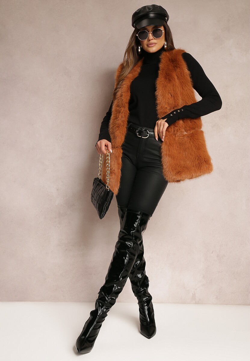 Brązowa Puchata Kamizelka z Futerka Ozdobiona Imitacją Skóry Tekllesa