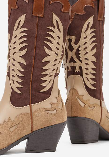 Brązowe Botki Kowbojki na Stożku z Tłoczoną Cholewką Badilora