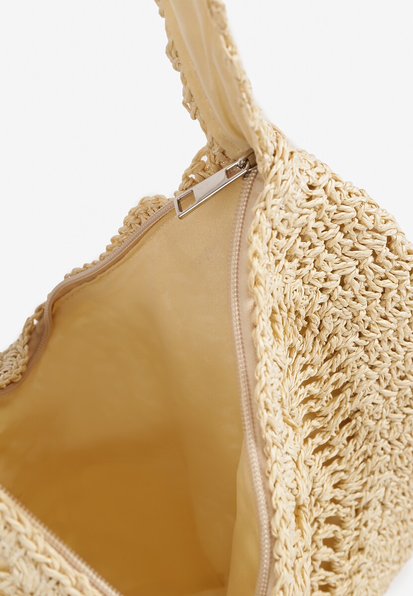 Beżowa Pleciona Torebka na Ramię o Półokrągłym Kształcie Genvia