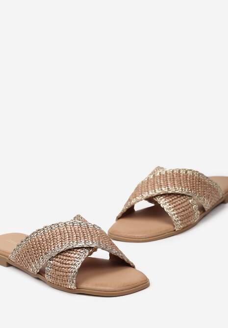 Ciemnobeżowe Ozdobnie Plecione Klapki na Płaskiej Podeszwie Neirika