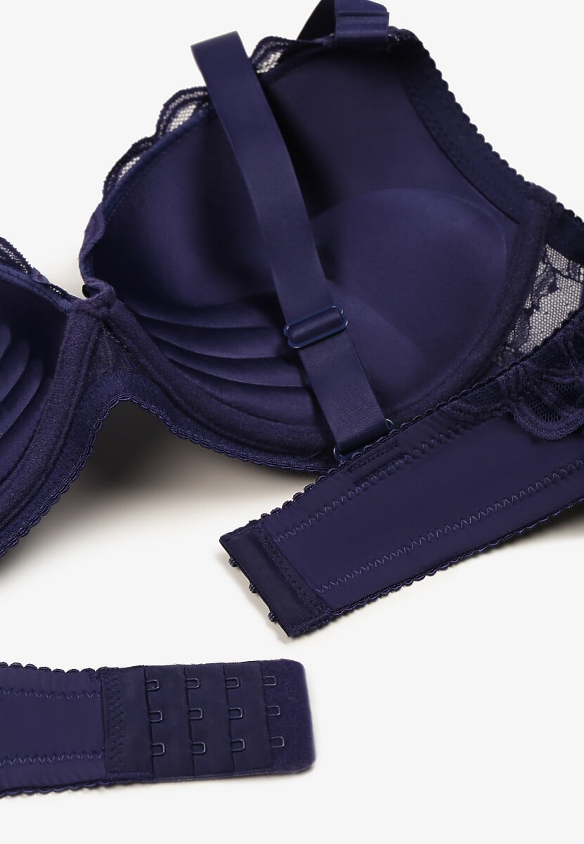 Granatowy Koronkowy Biustonosz Typu  Push Up z Metaliczną Ozdobą Nelisea