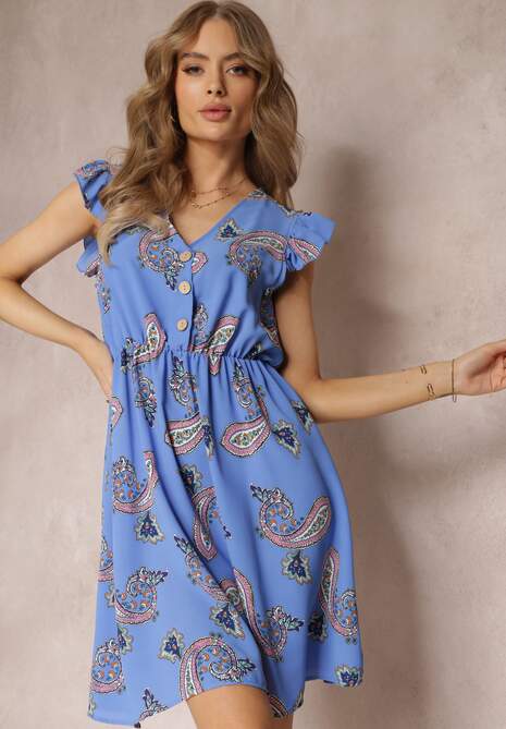 Niebieska Rozkloszowana Sukienka Mini we Wzór Paisley Rachelli