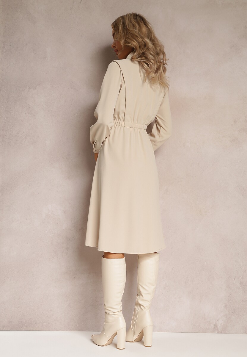 Beżowa Koszulowa Sukienka z Gumką w Talii i Paskiem z Klamerką Jenele