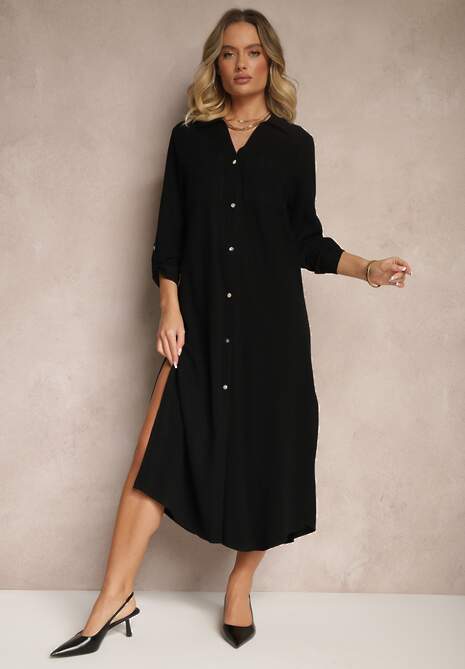 Czarna Sukienka Koszulowa z Wiskozą Lnem i Regulacją przy Rękawach Florvezia