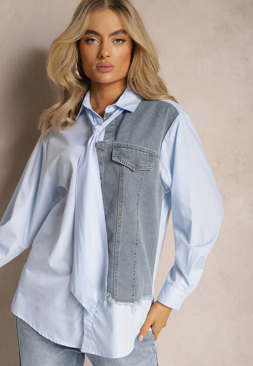 Niebieska Koszula z Jeansową Wstawką z Przodu i Krawatem w Komplecie Mirelles