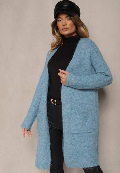 Niebieski Kardigan Niezapinany z Wełną i Kieszeniami Miathinae