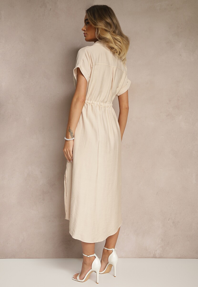 Beżowa Wiskozowa Sukienka Koszulowa z Guzikami i Wiązaniem w Talii Velazia