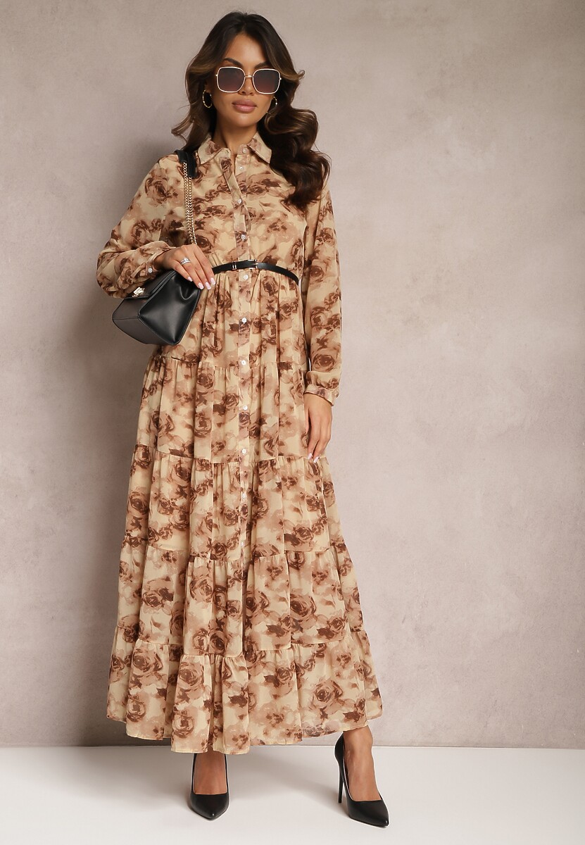 Beżowa Rozkloszowana Sukienka Koszulowa Maxi w Kwiaty Nersa