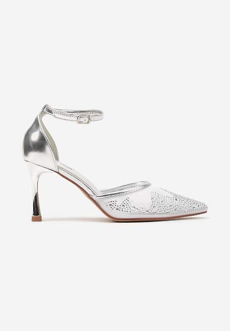 Srebrne Sandały Szpilki z Siateczkowym Noskiem w Szpic Zdobionym Cyrkoniami Alirenda