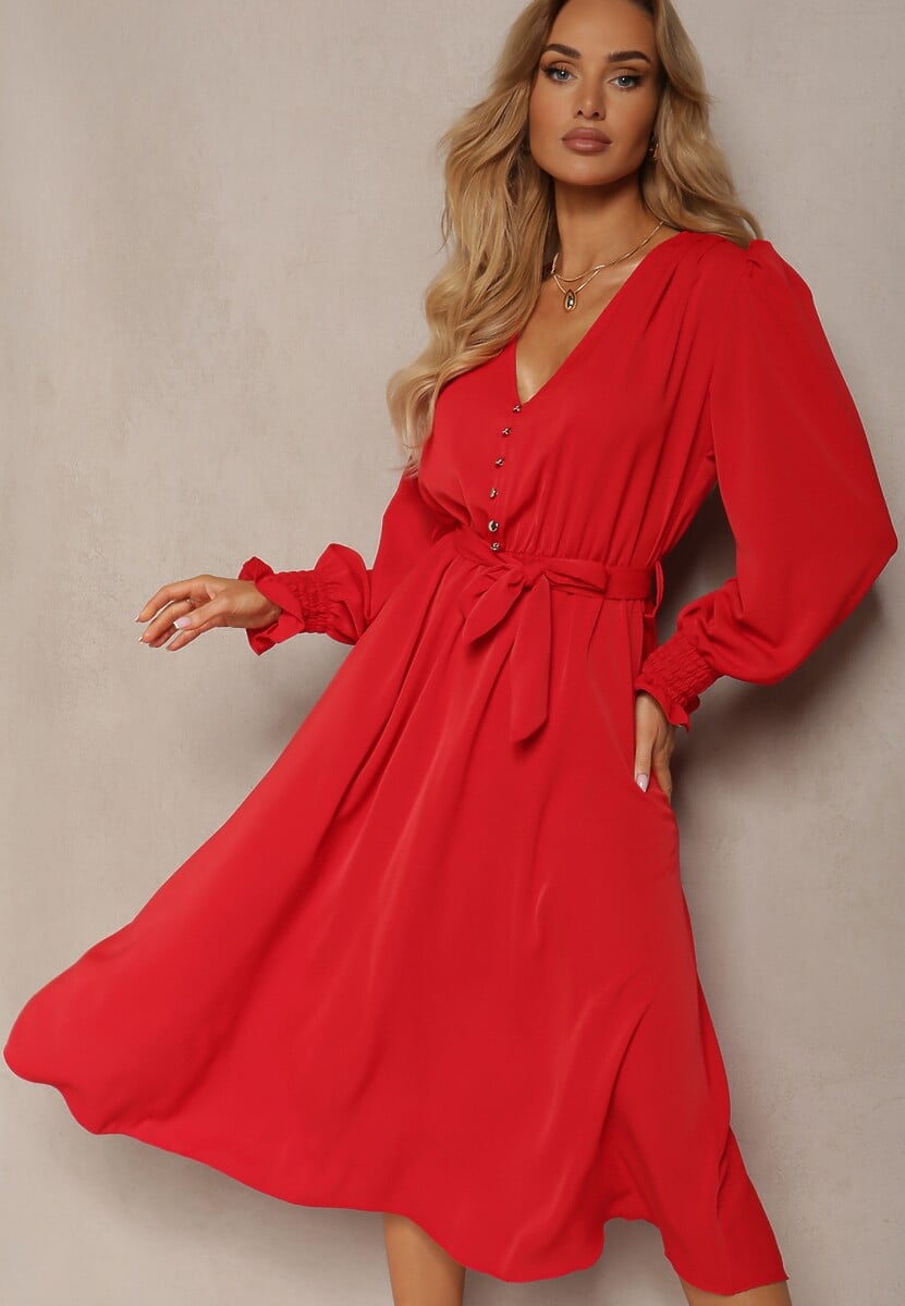 Czerwona Sukienka z Bufiastym Rękawem i Wiązanym Paskiem Corrine