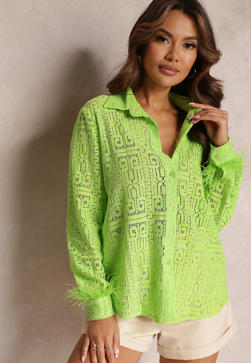 Zielona Koszula z Koronkowej Tkaniny Ozdobiona Piórkami Przy Rękawach Puregold