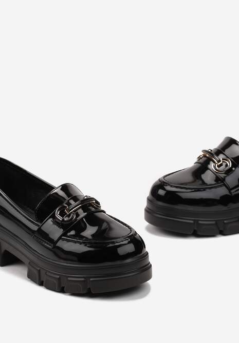 Czarne Lakierowane Mokasyny Loafersy na Grubej Podeszwie z Ozdobną Klamrą Lambra