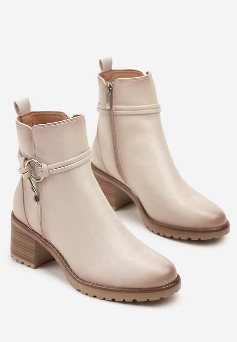 Beżowe Botki na Słupkowym Obcasie Zdobione Aplikacją Tulaviera