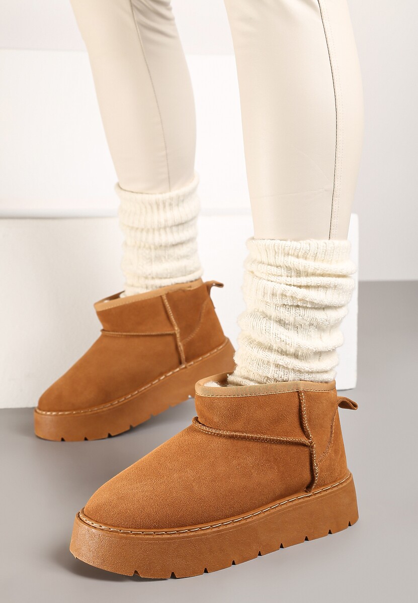 Brązowe Niskie Śniegowce ze Skóry Naturalnej Mocno Ocieplane Rialithe