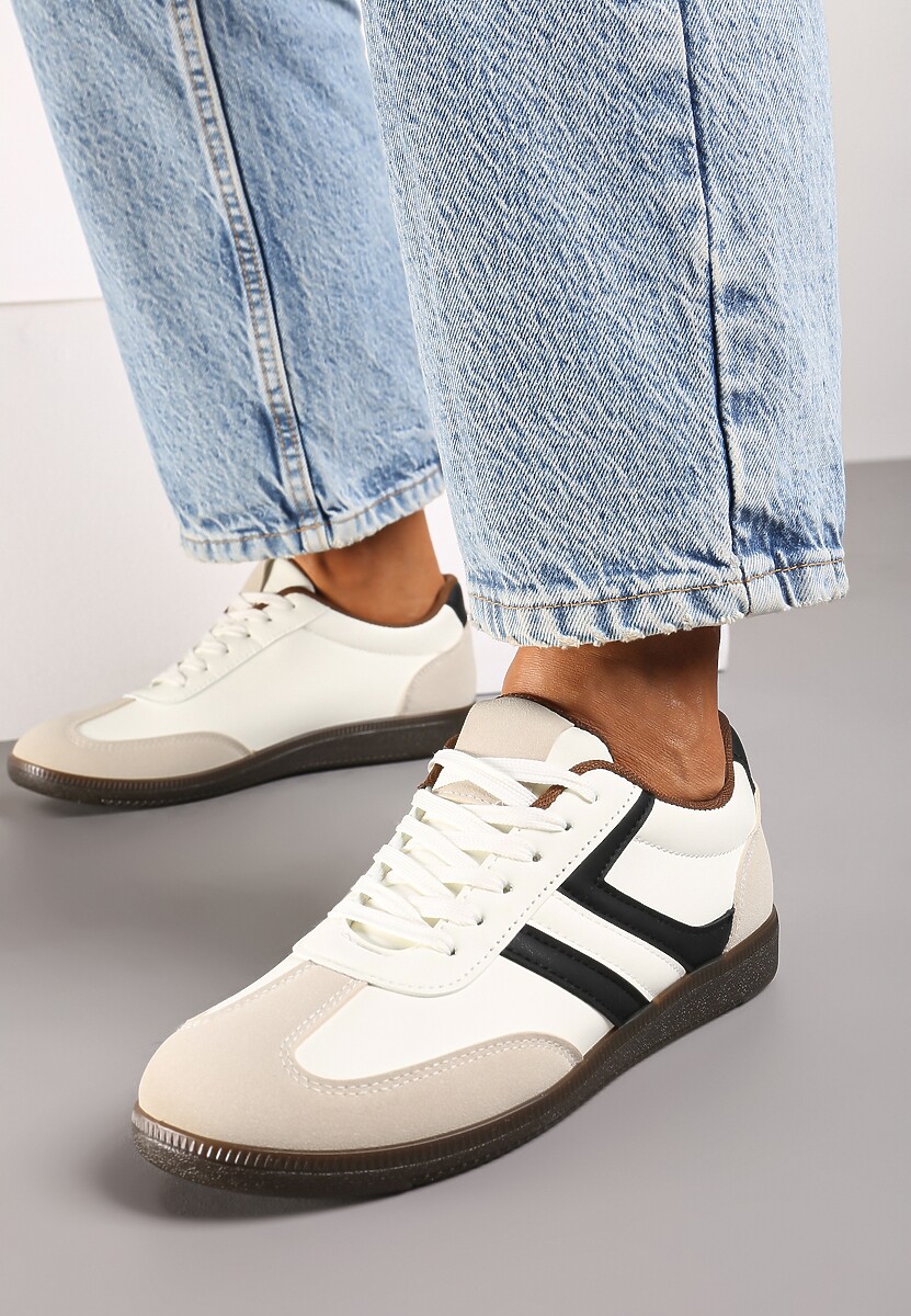 Beżowe Casualowe Sneakersy z Geometrycznymi Wzorami i Kontrastowymi Przeszyciami Riandrea