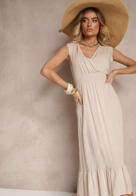 Beżowa Kopertowa Sukienka z Wiskozy Zdobiona Falbanką Ularisela