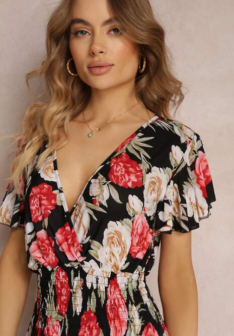 Czarno-Czerwona Kopertowa Sukienka Maxi w Kwiaty z Gumką w Talii Jazzly