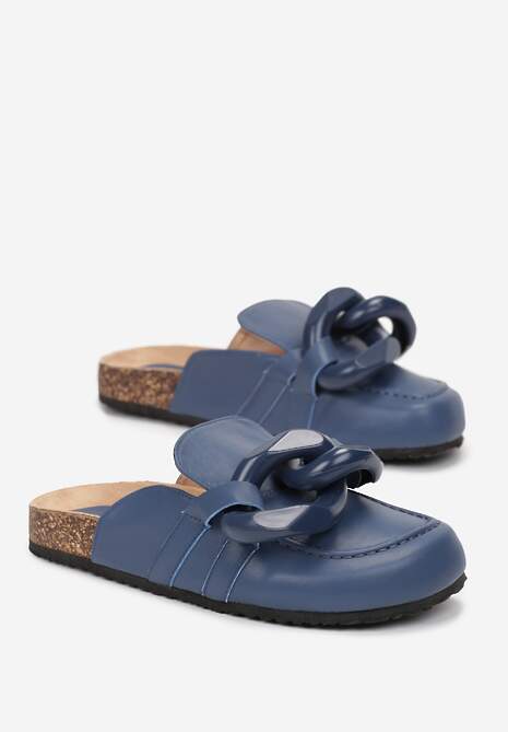 Niebieskie Płaskie Klapki z Korkową Podeszwą i Ozdobnym Łańcuchem Farya