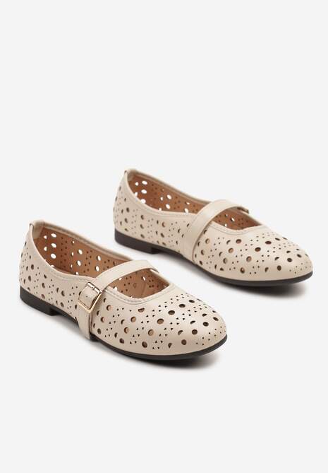 Beżowe Balerinki z Ażurowymi Wycięciami z Paskiem na Sprzączkę Frollia