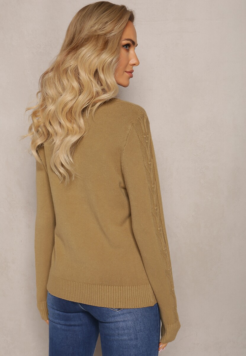 Jasnozielony Sweter ze Splotem w Warkocze i Dekoltem V Khara