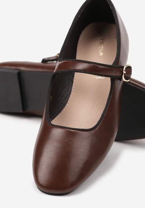 Jasnobrązowe Balerinki Vices z Wkładką ze Skóry Naturalnej Ozdobione Paskiem Patantie