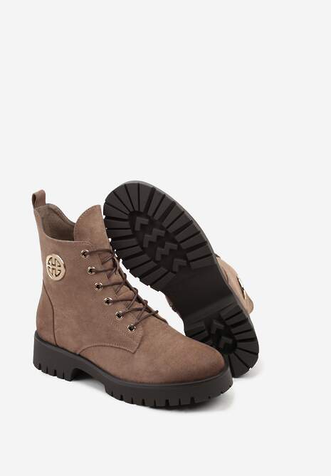 Beżowe Botki Potocki Workery z Geometryczną Ozdobą Firiselle