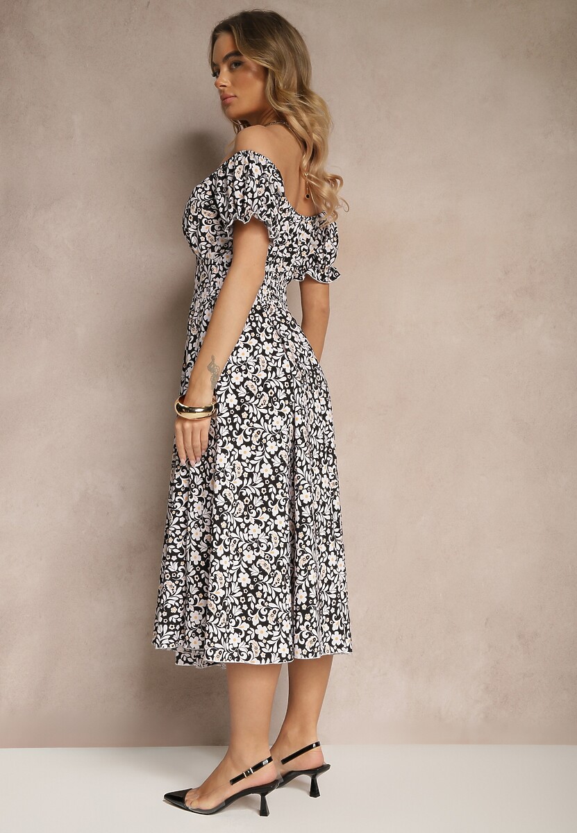 Czarna Rozkloszowana Sukienka w Kwiatowy Print z Bawełną i Dekoltem Łódką z Bufkami Saniren