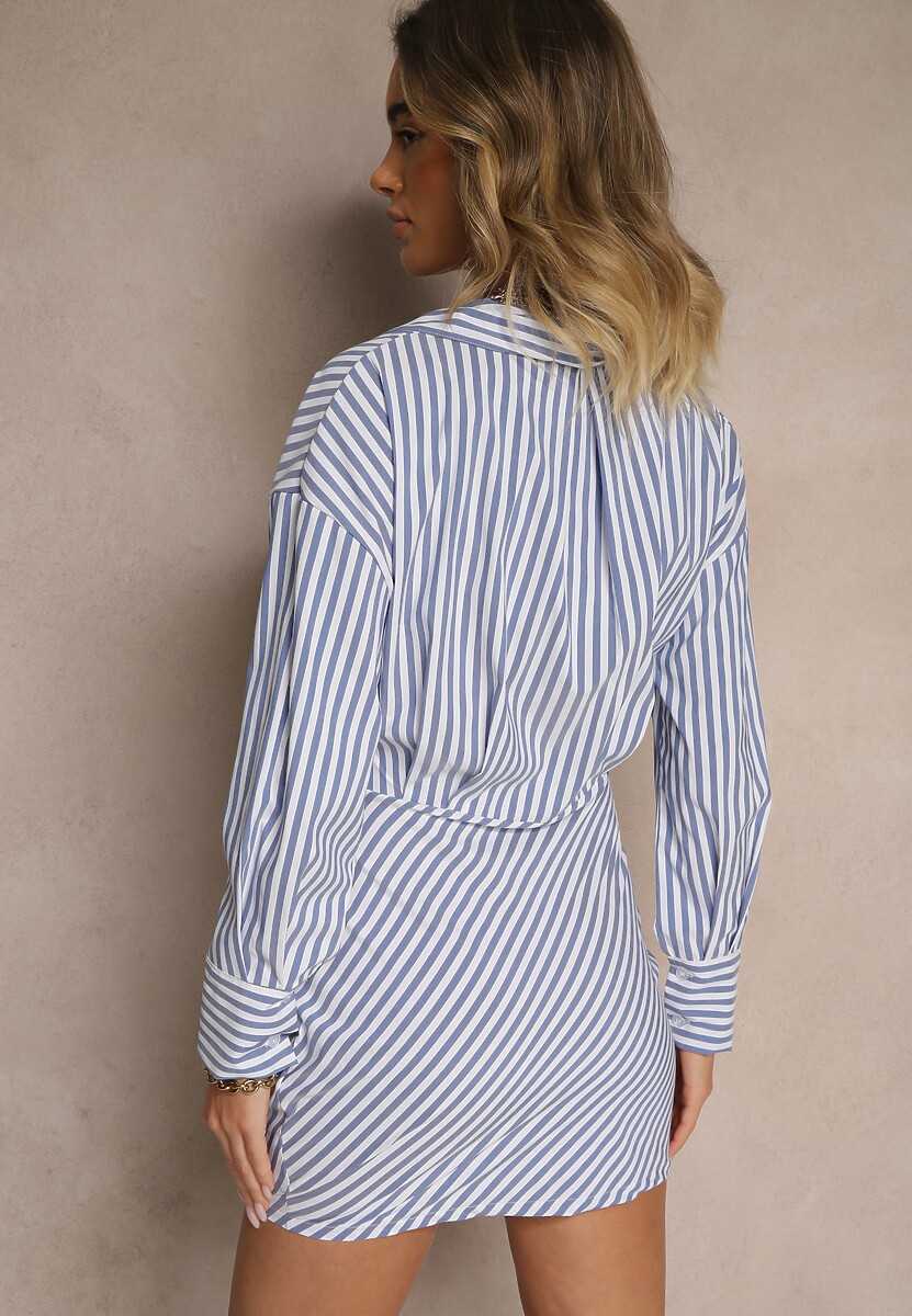 Niebieska Dopasowana Sukienka o Koszulowym Kroju w Prążki Mevistra