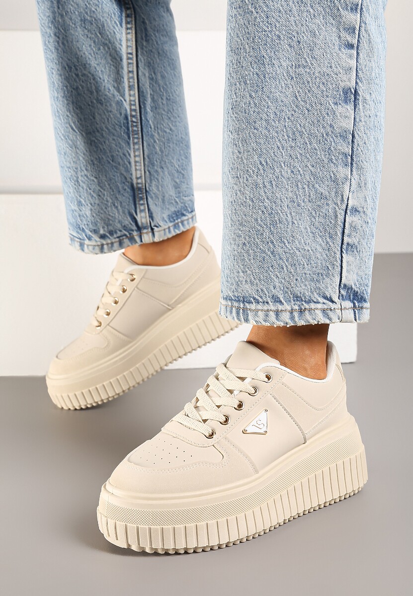 Beżowe Sznurowane Sneakersy Vices Tłoczonej Platformie Ozdobione Trójkątem Raviri