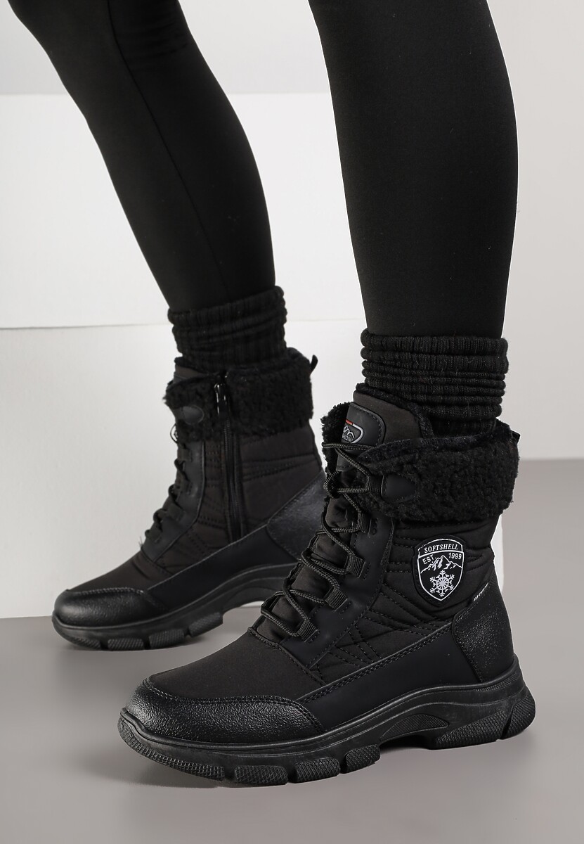 Czarne Ocieplane Śniegowce z Ozdobnym Kożuszkiem Arianea