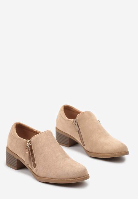 Ciemnobeżowe Półbuty na Słupku z Niską Cholewką Ozdobioną Suwakiem Ansolee